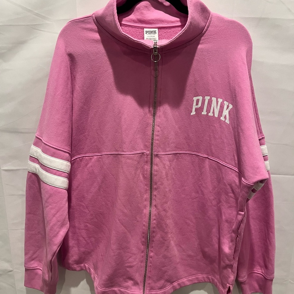Y2K Victoria s Secret PINK Oversized Fleece Zip Up Sweater Pink Bloom size L.